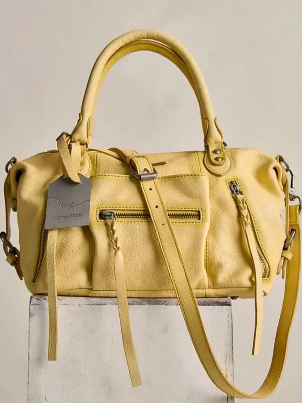 FREE PEOPLE WE THE FREE BABY EMERSON LEATHER TOTE BAG BUTTER YELLOW NWT | RARE